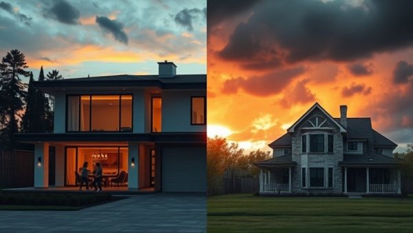 Juxtaposition of Australian property prices 2030 concepts: luxury vs decay.