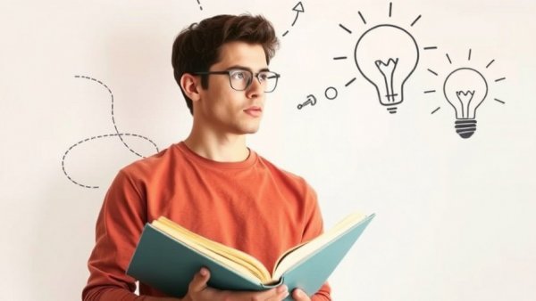 Thoughtful young man with book and lightbulb illustration, symbolizing growth mindset in real estate.