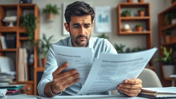 Worried man reviewing paperwork for property investment in Newcastle.