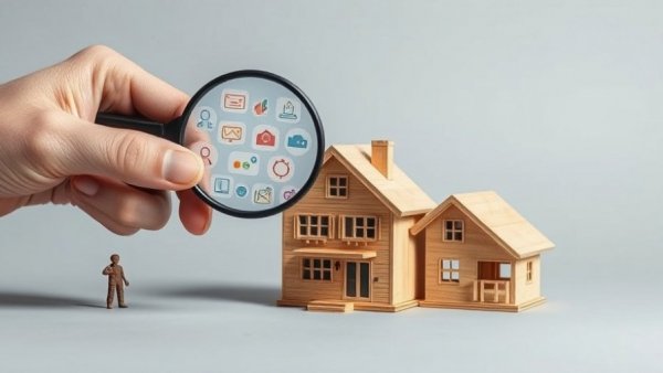 2026 property insights with magnifying glass and wooden houses.