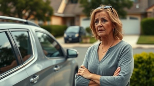 Concerned woman discussing Florida parking fines for homeowners by parked cars.
