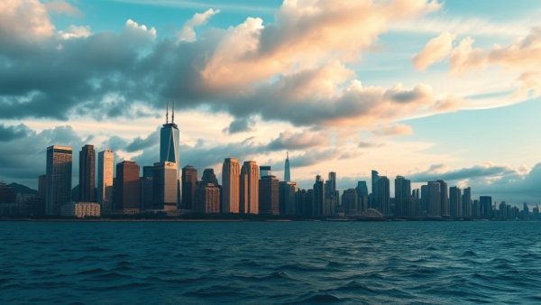 Wide-angle view of Newcastle's skyline and coastline at dusk.