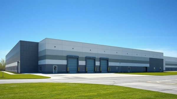 Modern warehouse representing UK industrial take-up, clear sky.