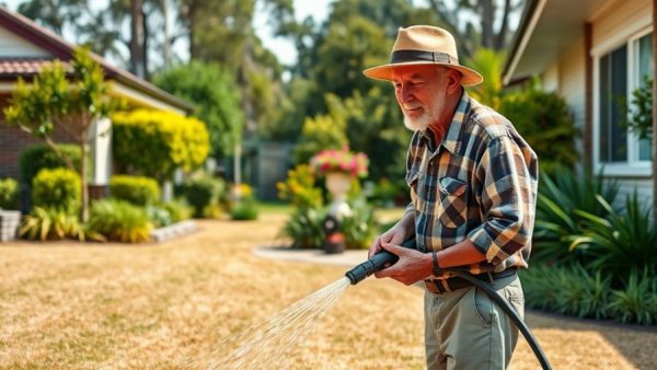 Elderly man watering dry lawn in Australia, showcasing lawn care.