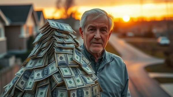 Older man stands beside a wave of money symbolizing property wealth transfer.