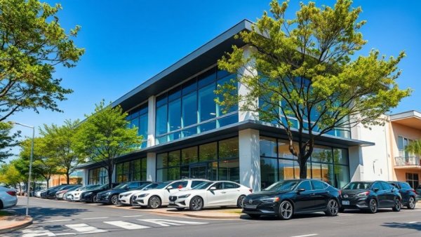 Automotive showroom leasing with cars on display outside on a busy street.