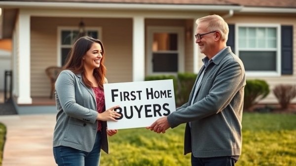 Couple with First Home Buyers sign, first home buyer scheme context.