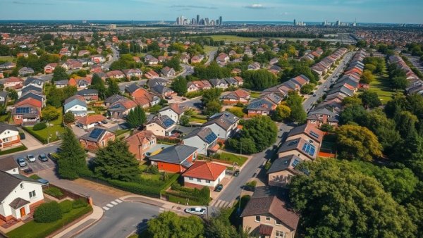 Suburban neighborhood aerial with solar-panel homes, misleading property price guides.