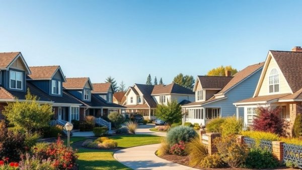 Suburban homes with lush gardens showcasing entry-level homes' growth.