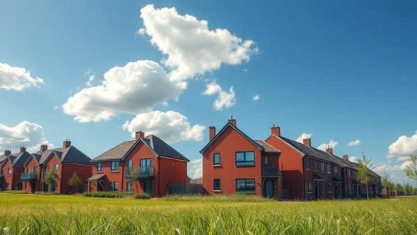 Modern red brick houses under blue sky, £39bn housing programme