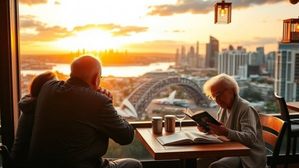 Elderly couple viewing Sydney, highlighting Australia demographic changes.