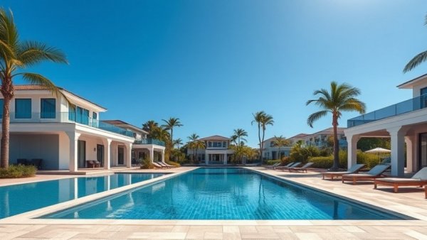 Luxurious poolside of a Gold Coast mansion for sale, clear sky.