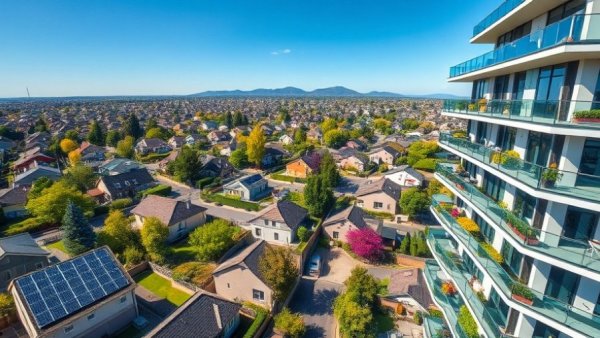 Aerial view shows suburban homes and a modern apartment building, indicating unit rental growth.