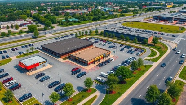 Cornerstone retail development aerial view with roads and businesses.