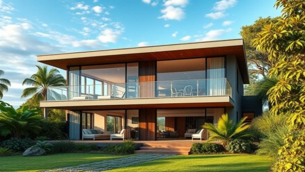 Coastal-inspired home designs Newcastle; modern architecture with wooden accents.