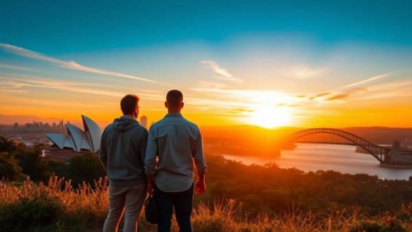 Australian couple admiring cityscape; property market trends Australia.