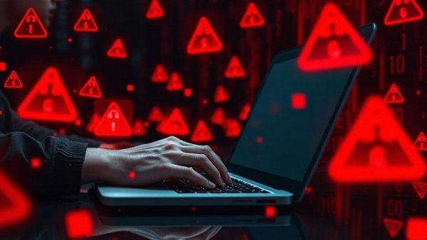 Alert symbols over laptop depicting real estate scams Newcastle.