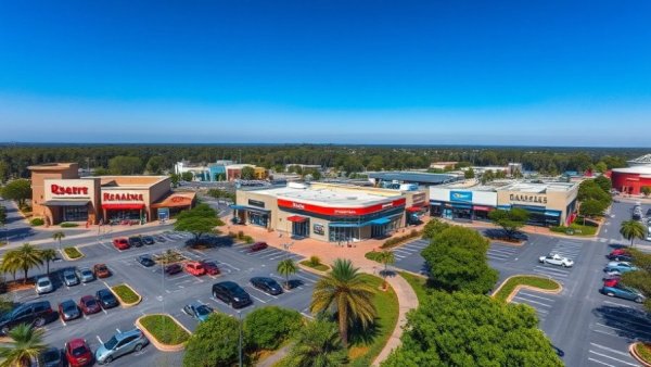 Aerial view of Queensland retail property investment with stores and traffic.