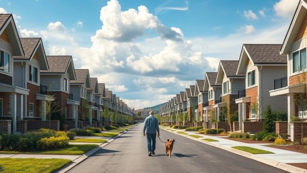 Suburban homes in Long Harbour Single Family Housing Fund area, person walking dog.