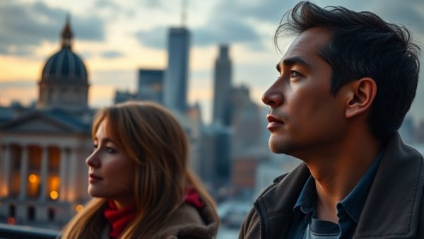 Couple overlooking Newcastle with sunset backdrop.