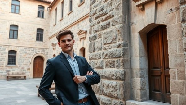 Professional young man leaning against stone wall in historic setting