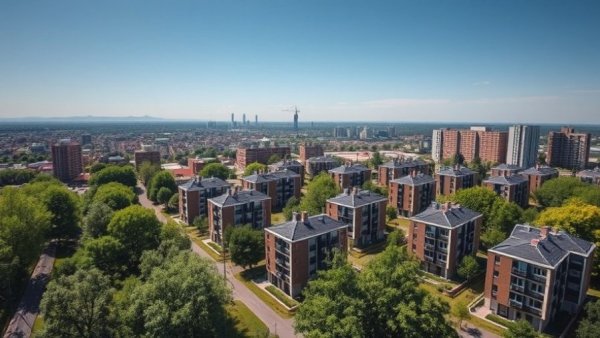 Aerial of Dutch mid-market rental housing with cityscape view.