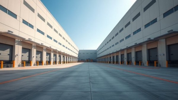 European logistics financing: modern warehouse with loading docks.