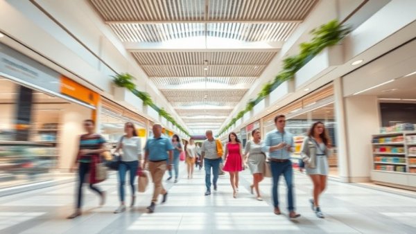 Australian retail sector growth depicted in a busy shopping mall with dynamic lighting.