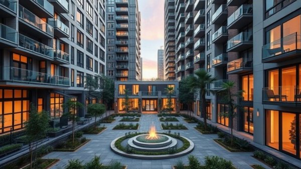 Modern Wembley Park courtyard with sleek buildings at twilight.