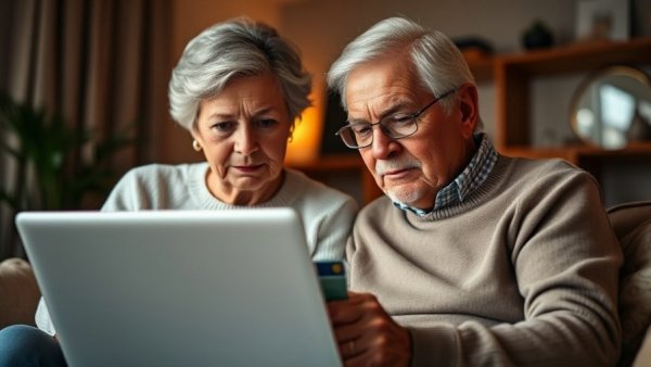 Elderly couple shopping online, representing great unretirement in Australia.