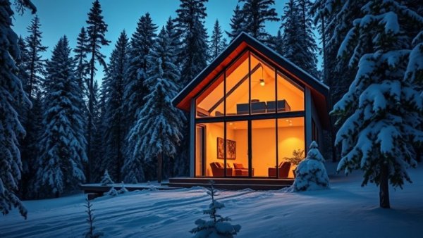 Modern heated rivalry cottage rental in snowy forest landscape.