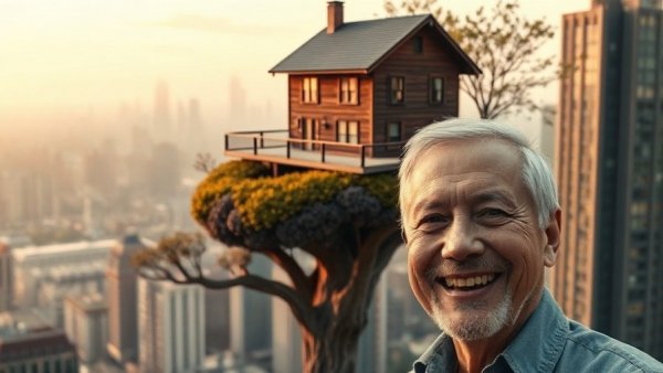 Surreal artwork of house on tree representing property market trends in Australia.