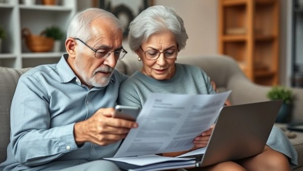 Elderly couple reviewing documents, referencing retirement village laws Victoria.