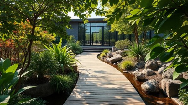 Oasis Virtual Tour Real Estate garden entrance with lush greenery.