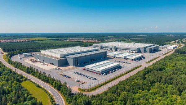 Aerial view of industrial warehouse in lush Newcastle landscape.