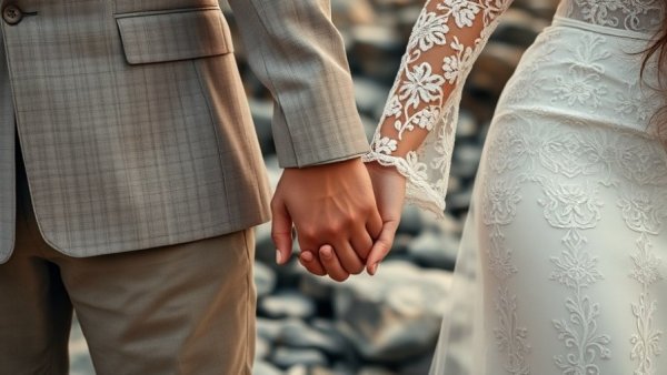 Hands in lace wedding attire symbolizing marriage trends.