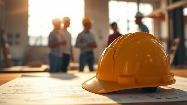 Construction helmet and plans symbolize accountability for defective work.