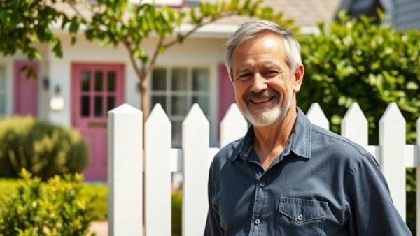 Man by a white picket fence in front of a cozy suburban house.