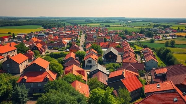 Rural townscape with vibrant rooftops and green landscape background.