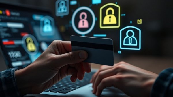 Hands holding credit card over laptop with fraud warning symbols.