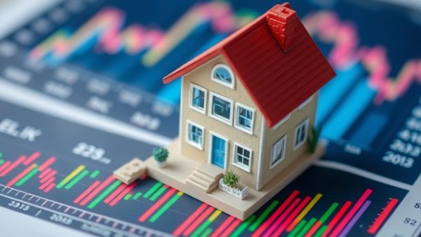 Toy house on financial charts depicting property sales data.