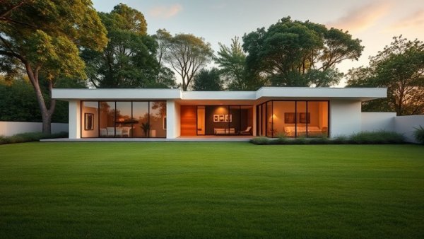 Modern yard layout with lush greenery, optimal lawn care.