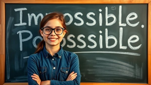 Confident girl with glasses turning 'Impossible' to 'Possible' sign.