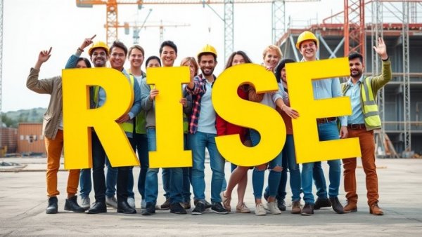 Newcastle property market construction team holding 'RISE' sign.