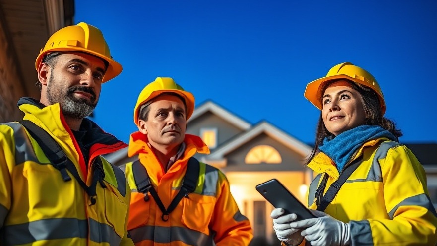Asbestos testing experts in safety gear inspect a residential property under a blue sky.