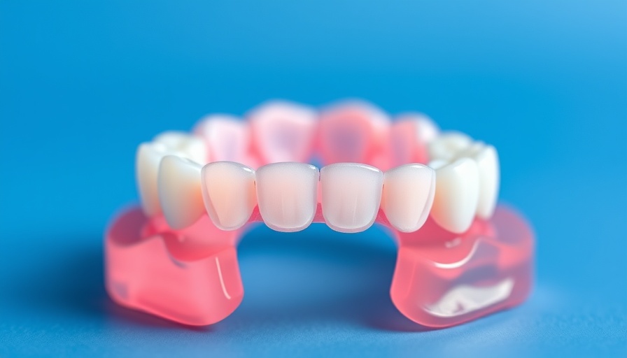 Close-up of pink metal-free partial dentures on a blue background.