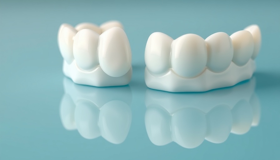 Close-up of ceramic dental crowns for front teeth on reflective surface