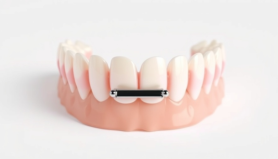 3D model of dentures with metal clasp showing upper and lower arches.