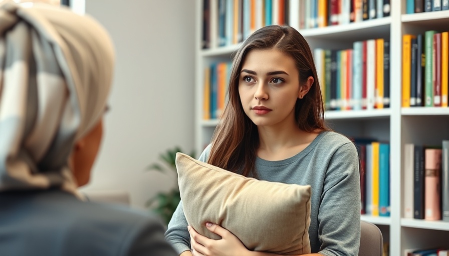 Young woman in therapy session discussing sensitive topics, calm ambiance.