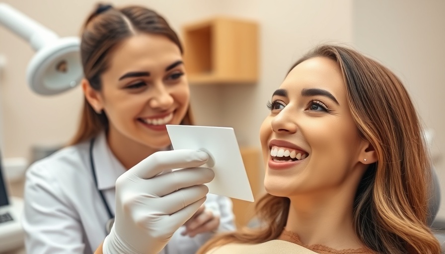 Dentist checks tooth shade for teeth whitening sensitivity prevention.